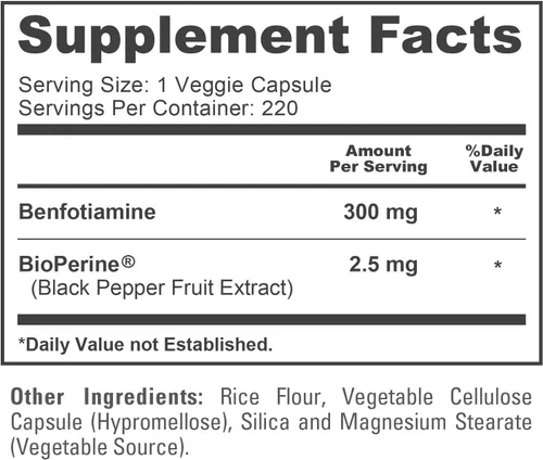 Vista 4 de Benfotiamine 300 mg 180 cápsulas vegetales (sin OMG, veganas y sin gluten) Formulación vegana y vegetariana, suplemento nutricional para adultos