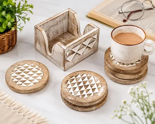 Vista 2 de Juego de 6 posavasos de madera blanqueada con soporte, posavasos rústicos para tazas de café, tazas de té y vasos, juego de posavasos de madera