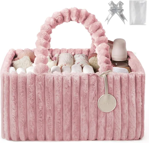 Vista 10 de Blissful Diary Flannel Diaper Caddy Organizer & Gift Packaging, Cream Beige Portable Diaper Basket, Nursery Storage Basket, Gift to Baby Shower