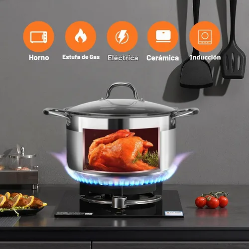 Vista 7 de Olla de 10 cuartos de galón con tapa de vidrio, olla de sopa de acero inoxidable de grado alimenticio premium, olla grande para cocinar guisos