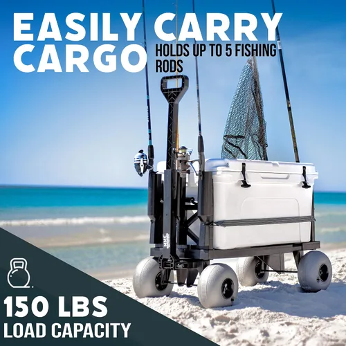 Vista 2 de Mighty Max Cart Carro de playa plegable de dos pisos para exteriores con neumáticos de arena, 2.5 pies cúbicos de polietileno para bañera y caña