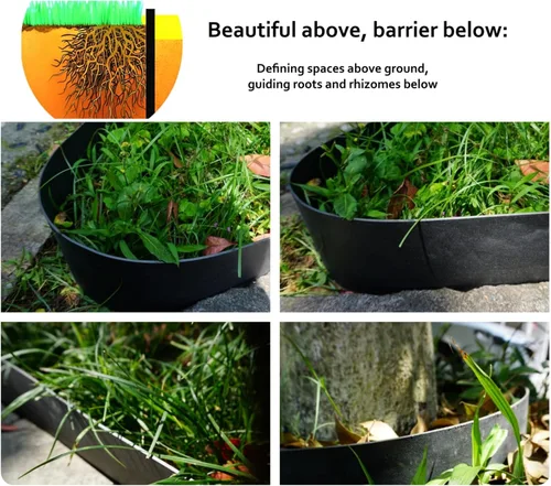 Vista 3 de Borde de jardín de plástico negro, bobina de borde de 5 pulgadas de alto, flexible y reforzado con tratamiento anti-UV (20 pies con 6 estacas)