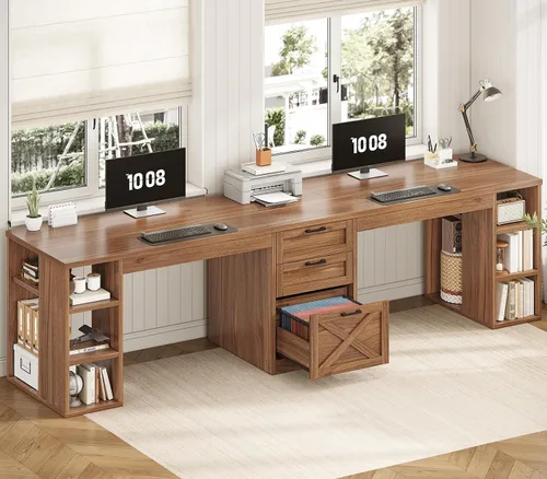 Vista 12 de SEDETA Farmhouse 96.5" 2 Person Computer Desk with Storage Drawers White and Brown