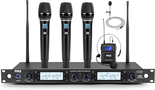 Vista 11 de Pyle Sistema de micrófono inalámbrico UHF de 4 canales con 2 micrófonos de mano, 2 Lavalier 2 auriculares y transmisores de cinturón, rango de 300
