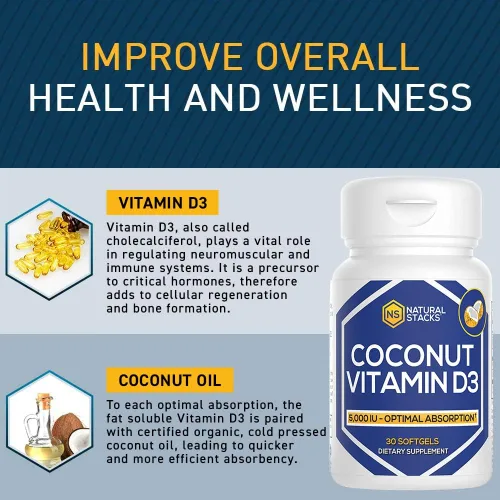 Vista 4 de NATURAL STACKS Suplemento de vitamina D de 5000 UI, con aceite de coco para una absorción óptima, píldoras de vitamina D para inmunidad