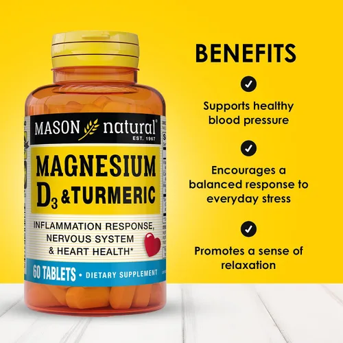 Vista 2 de MASON NATURAL Magnesio y vitamina D3 con cúrcuma - Corazón saludable y sistema nervioso, fortalece los huesos y los músculos, mejora la salud