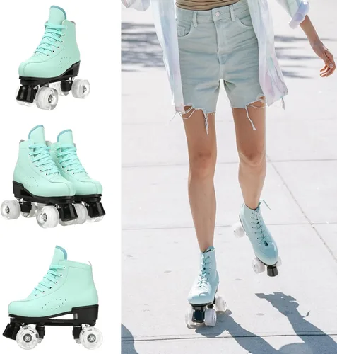 Vista 5 de Patines de ruedas para mujeres y hombres, zapatos altos de piel de vacuno, patines clásicos de doble fila, patines de cuatro ruedas para hombres