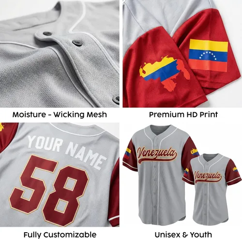 Vista 6 de Camiseta de béisbol personalizada de Venezuela - Camisetas deportivas personalizadas del orgullo Veneka con número de nombre, camisas de Beisbol