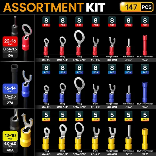 Vista 4 de SOMELINE Kit de herramientas de prensado de conectores eléctricos, crimpadora de terminales de trinquete 22-10 AWG, con conectores aislados a tope
