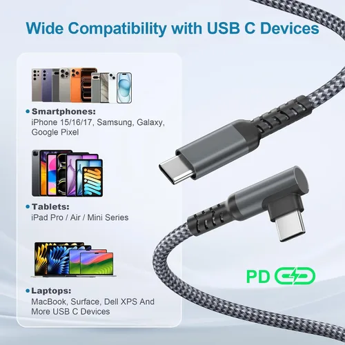 Vista 7 de Basesailor Cable Cortor de Carga USB C a USBC de 1 Pie 100W con Adaptador USB, Cable de Carga PD de 90 Grados para Coche, Rápido para iPhone 17 16