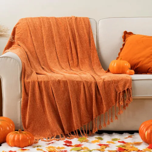 Vista 13 de BATTILO HOME Manta de Chenille Beige para Sofá, Manta Decorativa con Flecos Aterciopelados Color Caqui Tostado para Sofá Decoración del Hogar