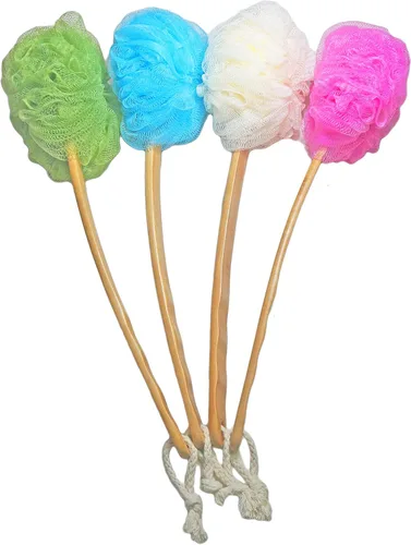 Vista 3 de Paquete de 4 esponjas de ducha para el cuerpo y la espalda – Esponja exfoliante lufa luffa cepillo de baño en un palo – con mango largo de madera