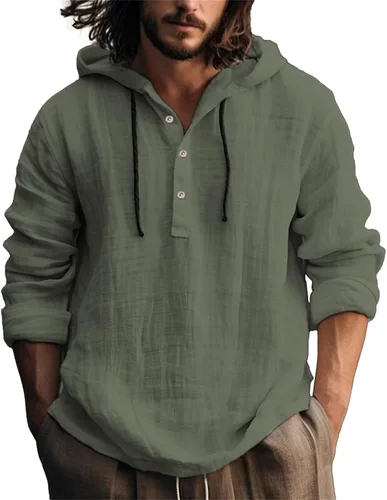 Vista 2 de Camisas de lino para hombre, ligeras, con botones, de manga larga, con capucha, ajuste regular, de algodón, para la playa