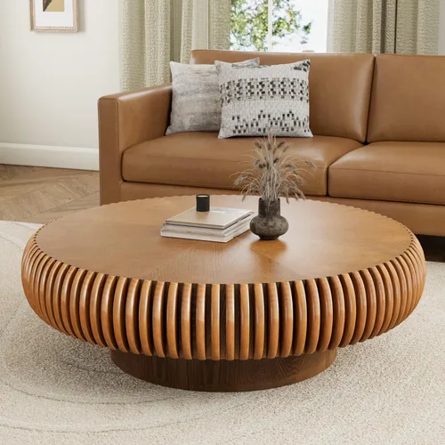 Vista 10 de Mesa de centro de tambor de 31.5 pulgadas, moderna y única, mesa de té acanalada, mesa de centro redonda de madera contemporánea con mesa central