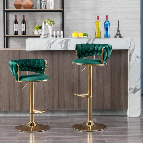 Vista 10 de Moderno taburete de bar ajustable de terciopelo, taburete de bar giratorio de 360 grados, taburete de isla de cocina curvado con respaldo medio