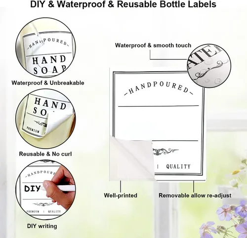 Vista 3 de Dispensador de jabón blanco, etiqueta reutilizable para botellas de acondicionador de vidrio y plástico, etiqueta dispensadora de enjuague bucal
