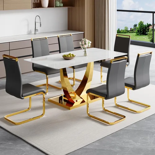 Vista 16 de Juego de mesa de comedor de 63 pulgadas para 4, juego de mesa de comedor dorado moderno para 4, juego de mesa de cocina de mármol sintético