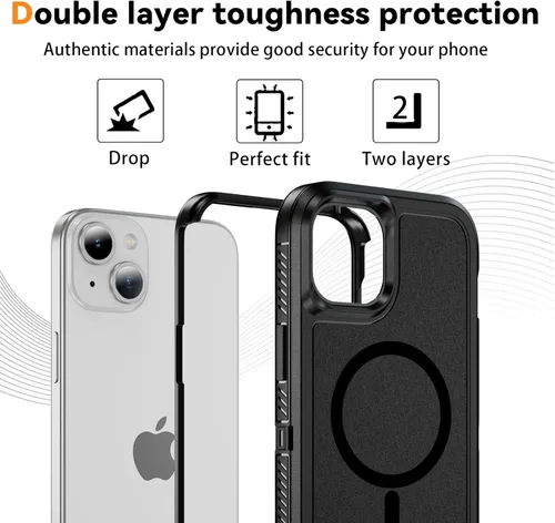 Vista 2 de Funda magnética para iPhone 13/iPhone 14 [compatible con Magsafe] [protector de pantalla de vidrio] [protección de grado militar de doble capa]