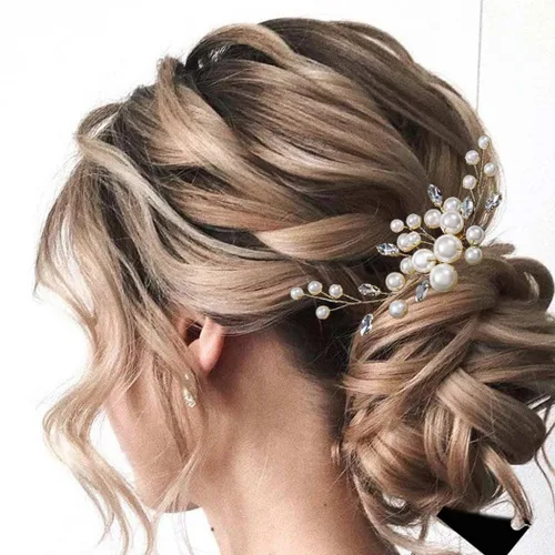 Vista 2 de Evild Clip de pelo nupcial de la perla Peine del pelo de la boda del Rhinestone del oro Accesorios para el cabello para Dorado