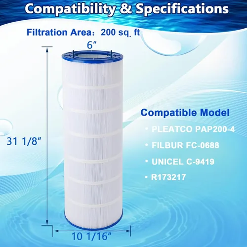 Vista 2 de Cartucho de filtro de piscina compatible con PAP200, CC200, Clean & Clear 200, R173217, Unicel C-9419, Filbur FC-0688, 59054400, cartucho de filtro