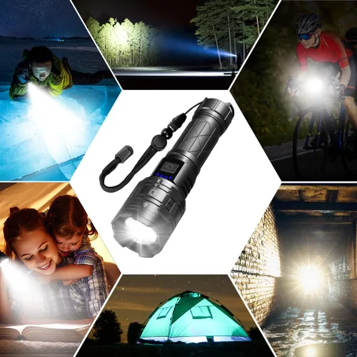 Vista 7 de Linternas recargables de alta luminosidad, potentes linternas tácticas de 990 000LM y 5 modos de iluminación ajustable, impermeables