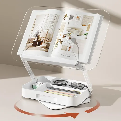Vista 8 de BYMECOST Soporte de acrílico para lectura, soporte ajustable para libros con base giratoria de 360° y clips elásticos para páginas, soporte elevador