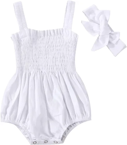 Vista 12 de Body sin mangas para bebé recién nacida con cuello halter y volantes, mameluco enterizo con diadema, conjunto de ropa de verano Albaricoque