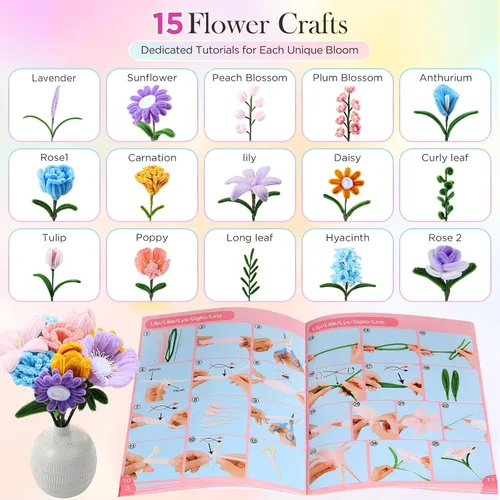 Vista 4 de Kit de Flores de Limpiapipas, 540 Piezas de Limpiapipas para Manualidades con Libro Guía de 15 Diseños, Kit para Hacer Flores con Tallos de Chenille