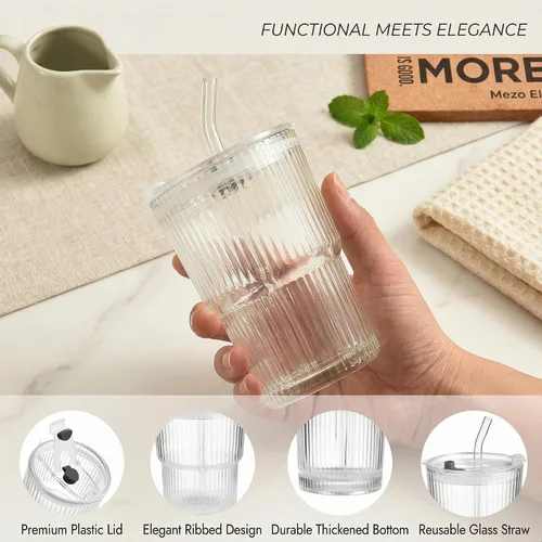 Vista 3 de Haundry Tazas de vidrio acanalado de 14 onzas con tapas y pajitas, paquete de 2 tazas de café helado, juego de cristalería gruesa, tazas de vidrio