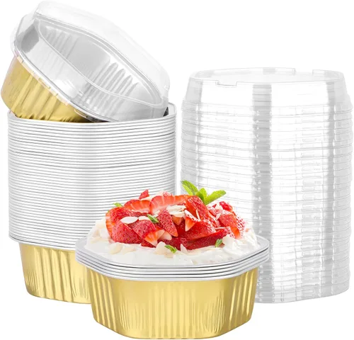 Vista 12 de Beasea Tazas desechables para hornear con tapas, juego de 50 unidades, 13.5 oz 400 ml, ramekins de aluminio con tapa de papel de aluminio, moldes
