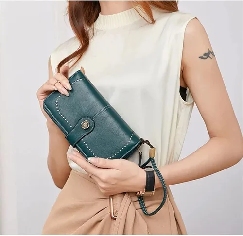 Vista 3 de SKUZA Billetera, bolsa para tarjetas, cartera de piel con bloqueo RFID, carteras de cuero para mujer, cremallera larga, bolsa de embrague