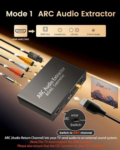 Vista 2 de Convertidor DAC de 192 KHz, convertidor de audio multifunción, adaptador de extractor de audio HDMI ARC, entrada Toslink (óptica) o coaxial o HDMI