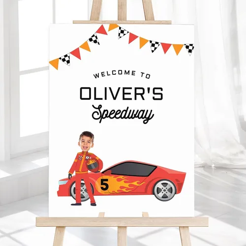 Vista 10 de Race Car Birthday Welcome Sign for Boys, Custom Racing Truck Theme Party Decoration, Personalized Red Sports Car Poster, Kid’s Age Banner for Race