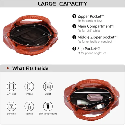 Vista 5 de Bolso con asa superior, bolsos y bolsos de cuero genuino para mujer, bolsos cruzados Hobo, bolsos de cuero para mujer