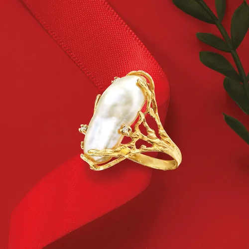 Vista 6 de Ross-Simons Anillo de perlas barrocas cultivadas de 0394 x 0945in con detalles de diamantes en oro amarillo de 14 quilates Perla multi
