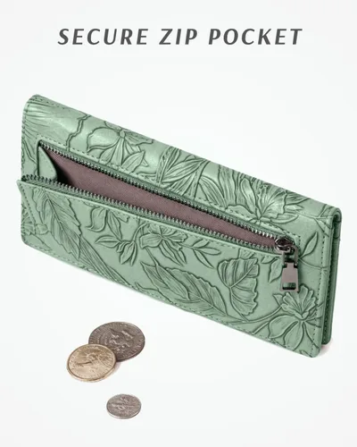 Vista 4 de Unilily Cartera delgada para mujer, con bloqueo RFID, de piel vegana, plegable, tarjetero con 2 ventanas de identificación y bolsillo con Verde
