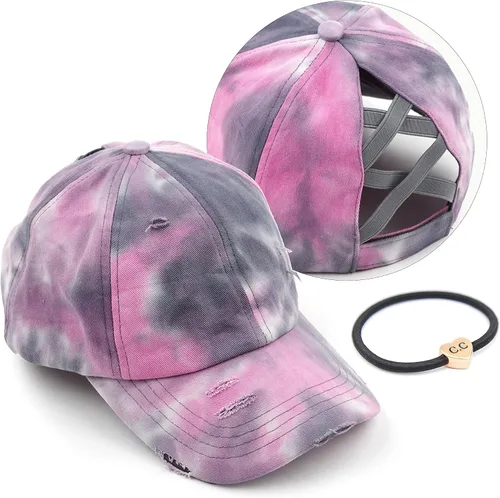 Vista 40 de C.C Gorra de béisbol de malla con diseño de estrella brillante, gorra de camionero ajustable para moño o cola de caballo Una banda elástica-negro