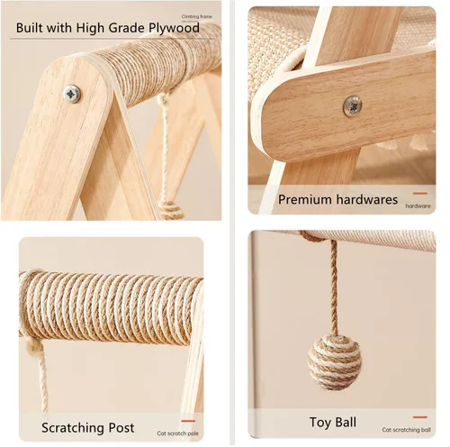 Vista 5 de SHENGOCASE - Torre de árbol para gatos de 3 niveles en forma de A, moderna, estructura de madera con escalera, cama con hamaca de varios niveles
