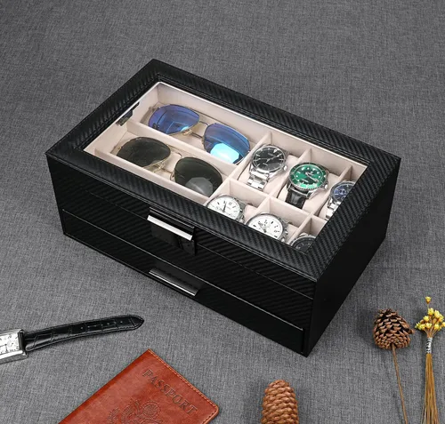 Vista 5 de LANDICI Caja de reloj para hombres y mujeres, 2 capas de piel sintética, organizador de relojes, caja de almacenamiento grande, organizador
