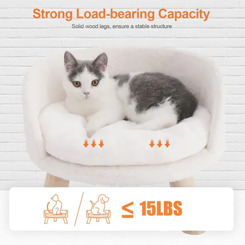 Vista 6 de BingoPaw Cama elevada para mascotas, taburete nórdico para gatos con almohadilla acogedora impermeable, silla para perros con patas de madera