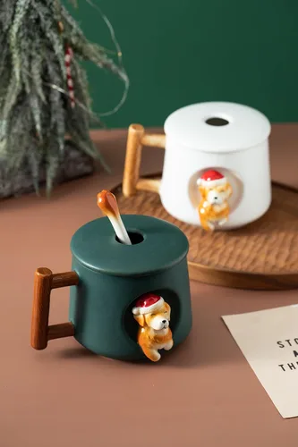 Vista 5 de DIHOclub Taza de café de cerámica con tapa y cuchara a juego, taza con patrón 3D Golden Retriever para té, leche y chocolate, bonita taza