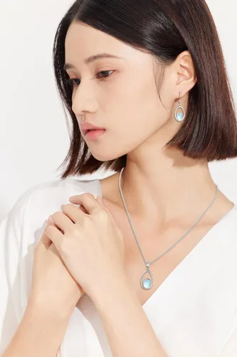 Vista 2 de Juego de joyas de piedra lunar de ópalo, collar y aretes de plata de ley 925 para mujer, piedra lunar de ópalo, regalos para orejas sensibles