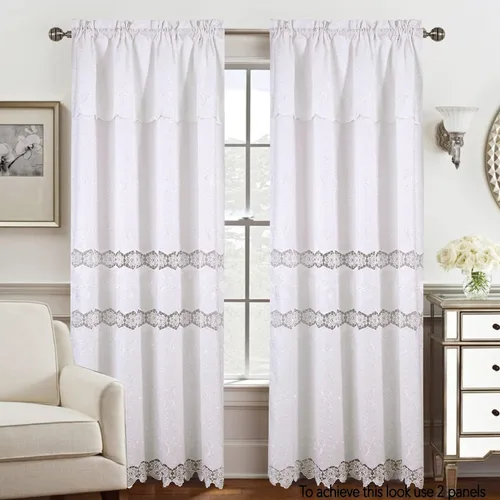 Vista 2 de Malaika - Panel de ventana de macramé jacquard bordado con cenefa adjunta, con enredaderas y rosas con hojas, parte inferior bordada festoneada