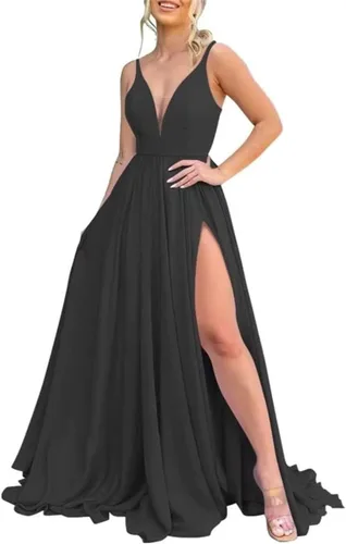 Vista 22 de Vestidos largos de dama de honor para mujer, con abertura, cuello en V, vestido de fiesta formal para boda