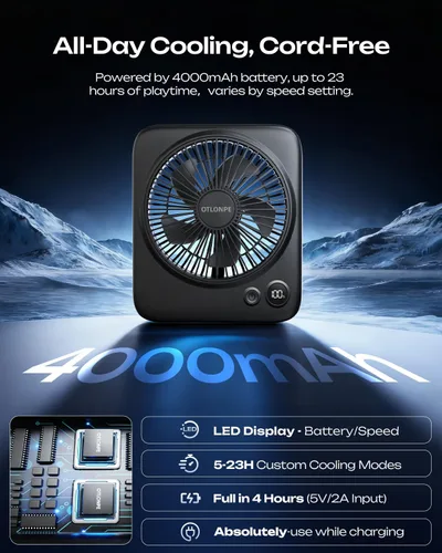 Vista 3 de Otlonpe Ventilador de Escritorio Portátil de 6.5 Pulgadas, Batería Recargable de 4000mAh Operado por Batería y Alimentado por USB, Ventilador