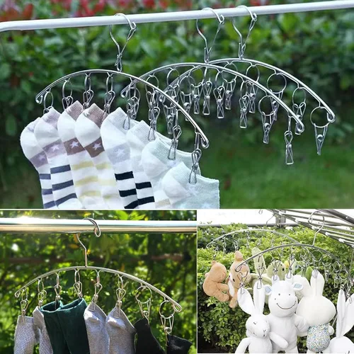 Vista 5 de Percha de secado de ropa de acero inoxidable con gancho resistente al viento, colgador de ropa interior, perchas con 8 clips para secar calcetines