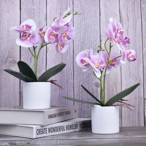 Vista 5 de XONOR Flores artificiales de orquídea, 2 piezas de flores de orquídea en maceta con jarrón de plástico para centro de mesa, decoración del hogar