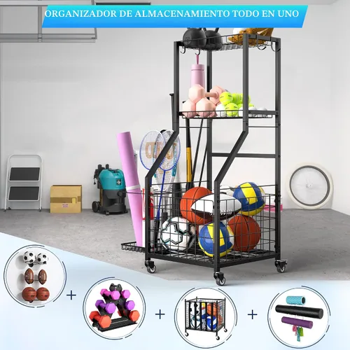Vista 2 de Organizador de garaje para equipos deportivos, estante de almacenamiento de pelotas de garaje para deportes con ruedas, organizador deportivo