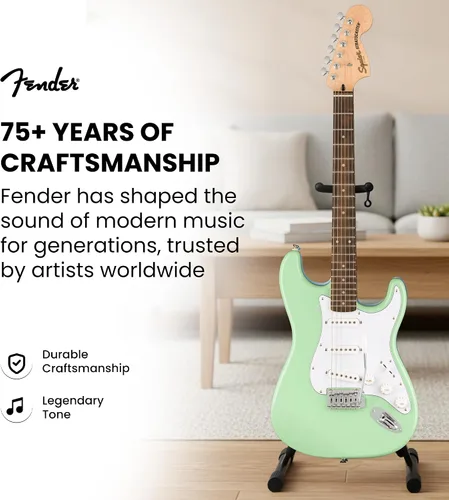 Vista 9 de Paquete Fender Squier Affinity Stratocaster Edición Limitada con amplificador Frontman 10G, estuche, cable de instrumento, correa, púas y DVD