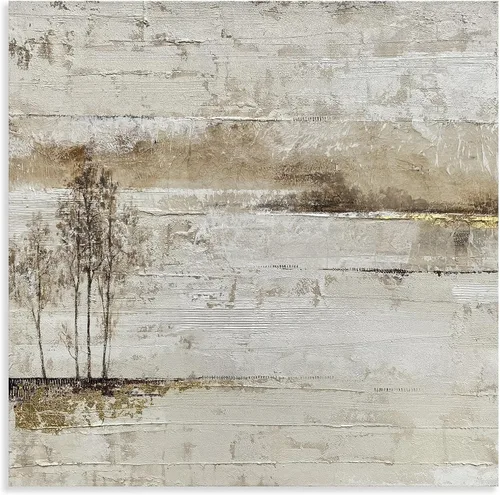 Vista 3 de Yihui Arts Arte de pared del paisaje del lago - Pintura rústica de granja en lienzo con árbol texturizado y acentos de lámina dorada